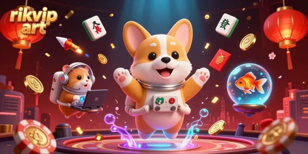 Engage with rikvip art in a vibrant casino setting featuring playful 3D characters and dynamic floating game elements.